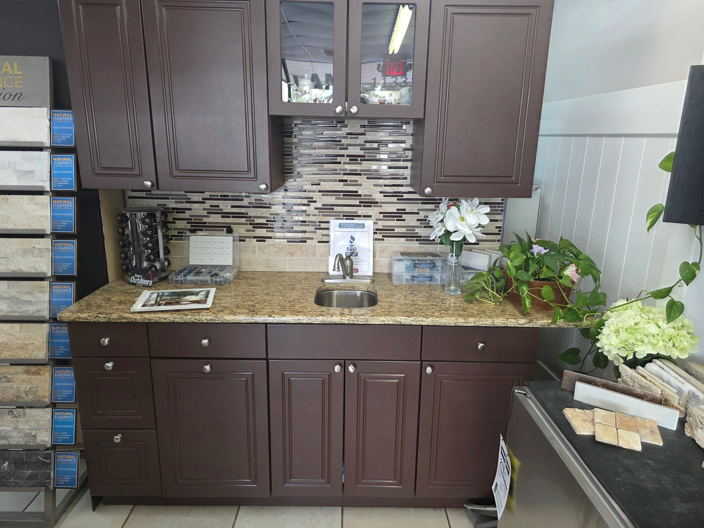 Outdoor Weatherproof Cabinetry with Granite Countertop Display Unit - Brown